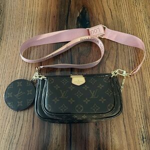 Designer Inspired Monogram Pochette Bag Pink Strap Crossbody